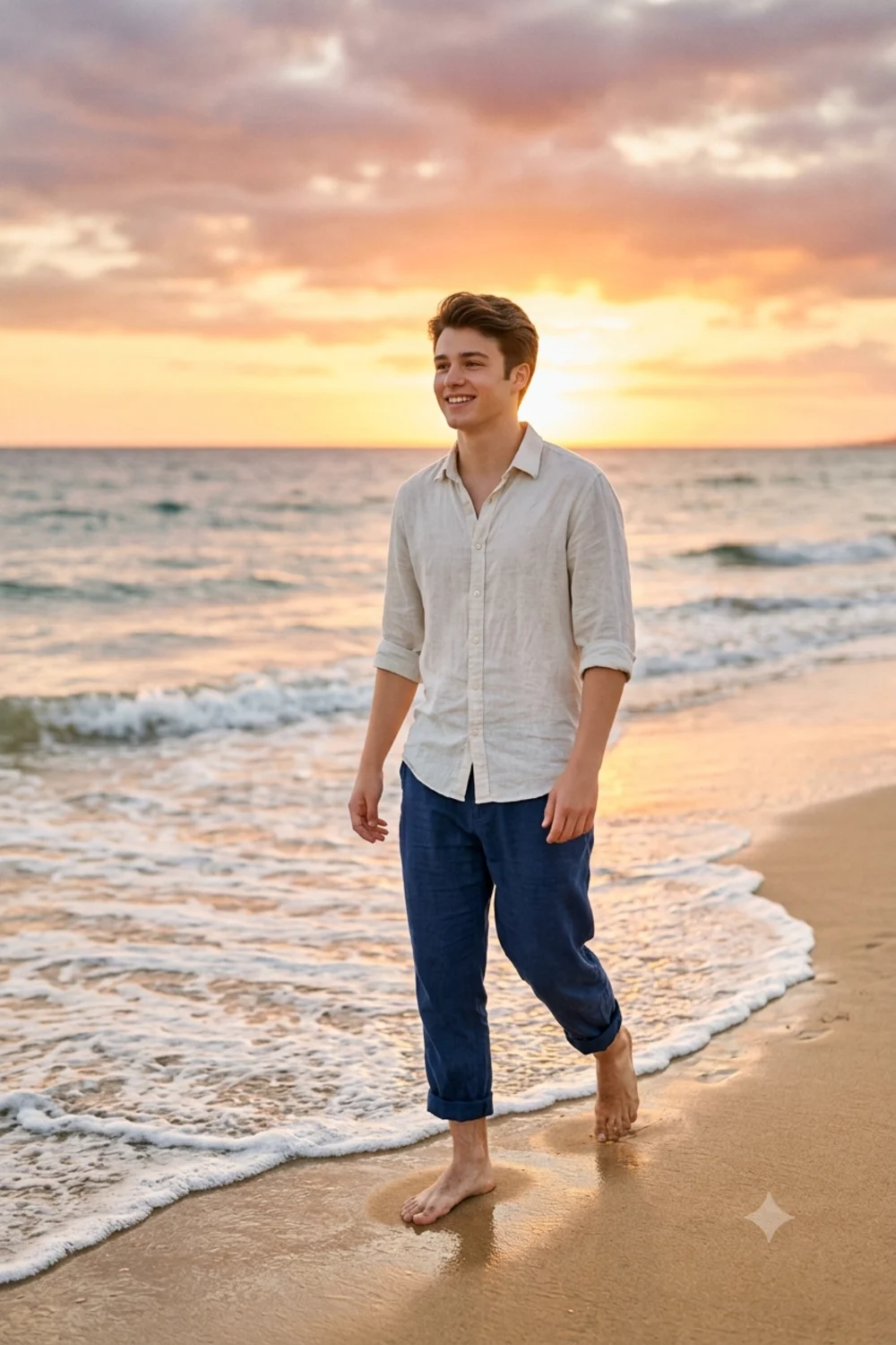 A cinematic beach portrait of a person walking along the shoreline at sunset