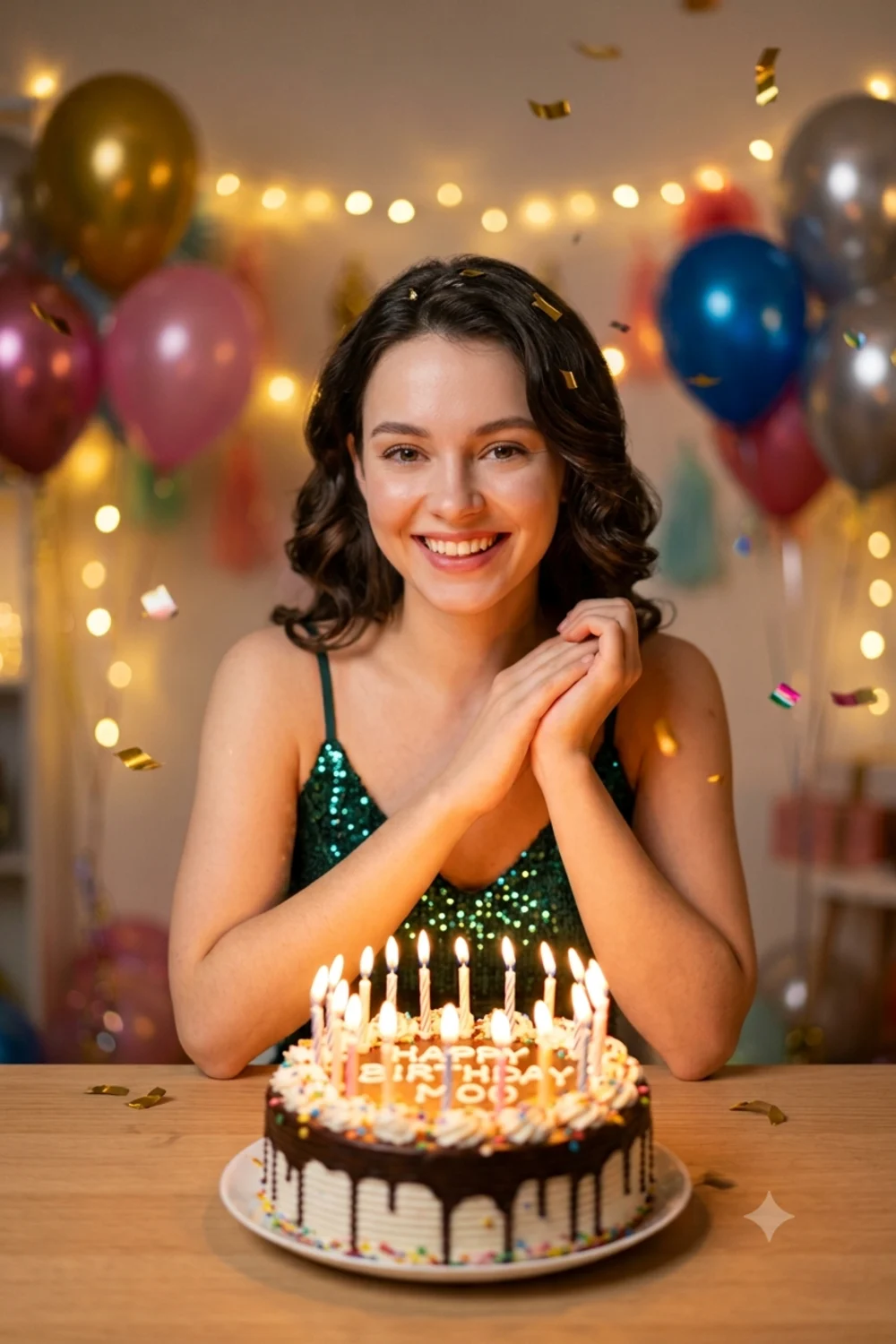 A festive birthday portrait of a person behind a candlelit cake with balloons