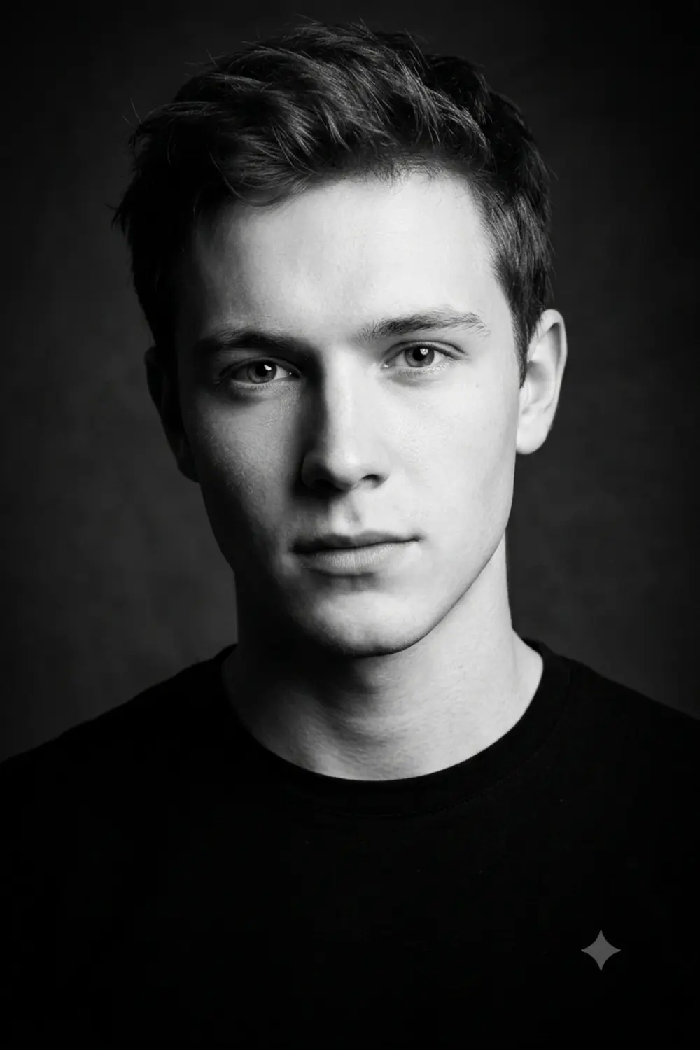 A dramatic black-and-white editorial studio portrait of a person