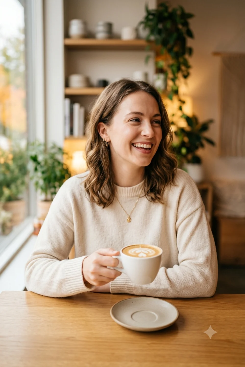 A candid lifestyle photo of a person relaxing at a cozy coffee shop