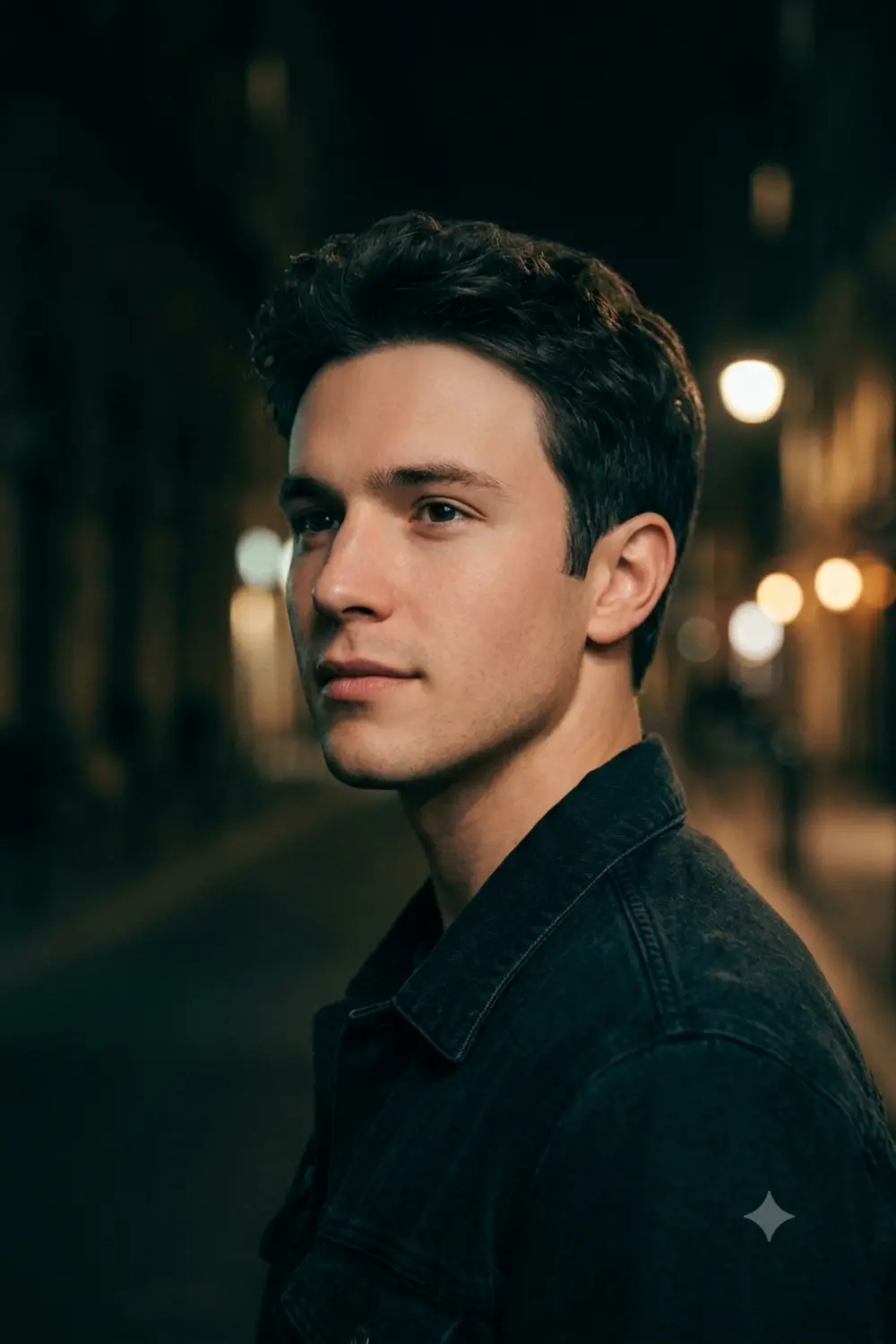 A cinematic moody close-up portrait of a person with warm city bokeh behind them