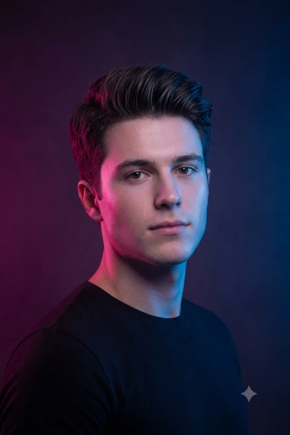 A striking color-gel studio portrait of a person lit with magenta and blue gels