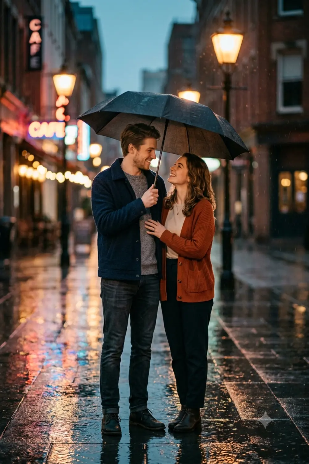 A romantic cinematic couple sharing one umbrella on a wet neon-lit street at dusk