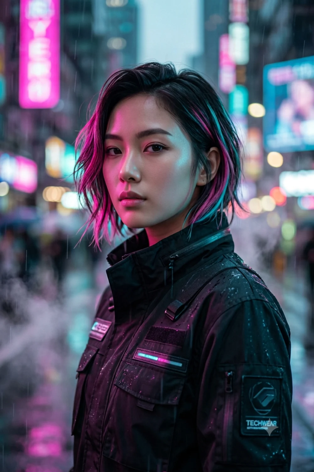 A vibrant cyberpunk neon portrait of a person on a rainy futuristic street
