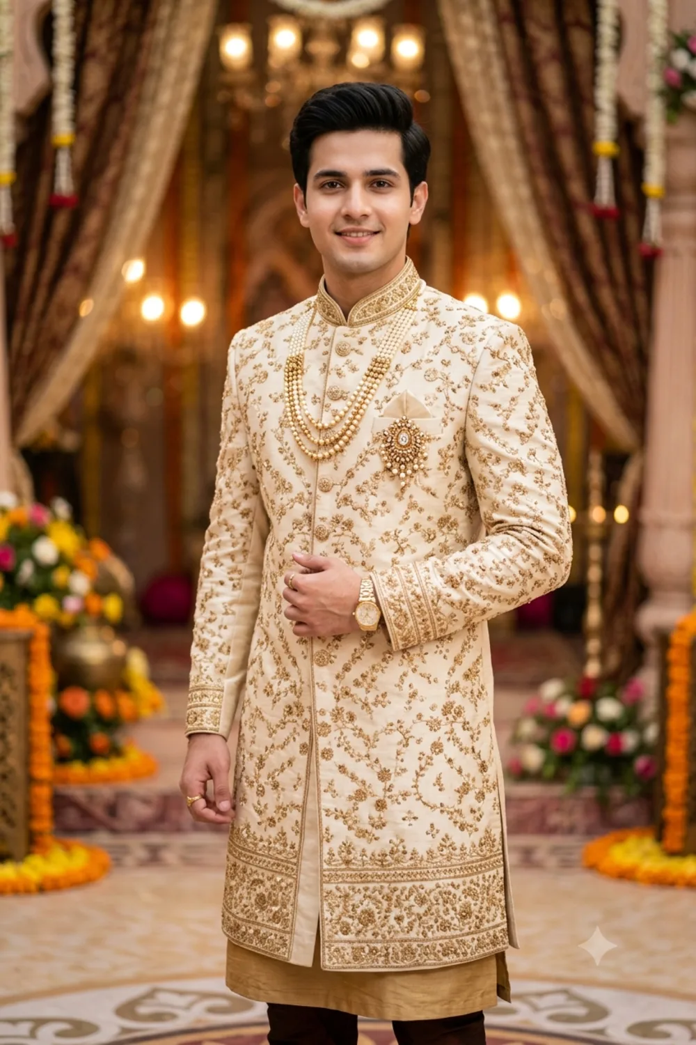 An elegant traditional portrait of a man in a cream and gold sherwani