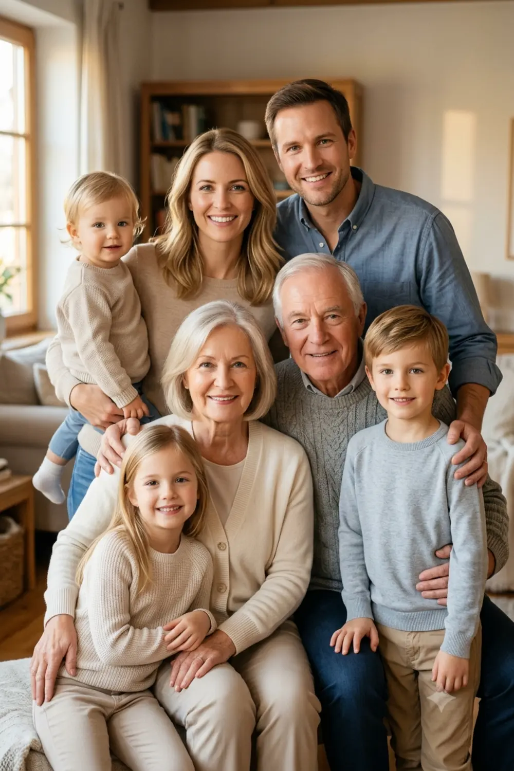 A warm family portrait of a family smiling together in soft golden light
