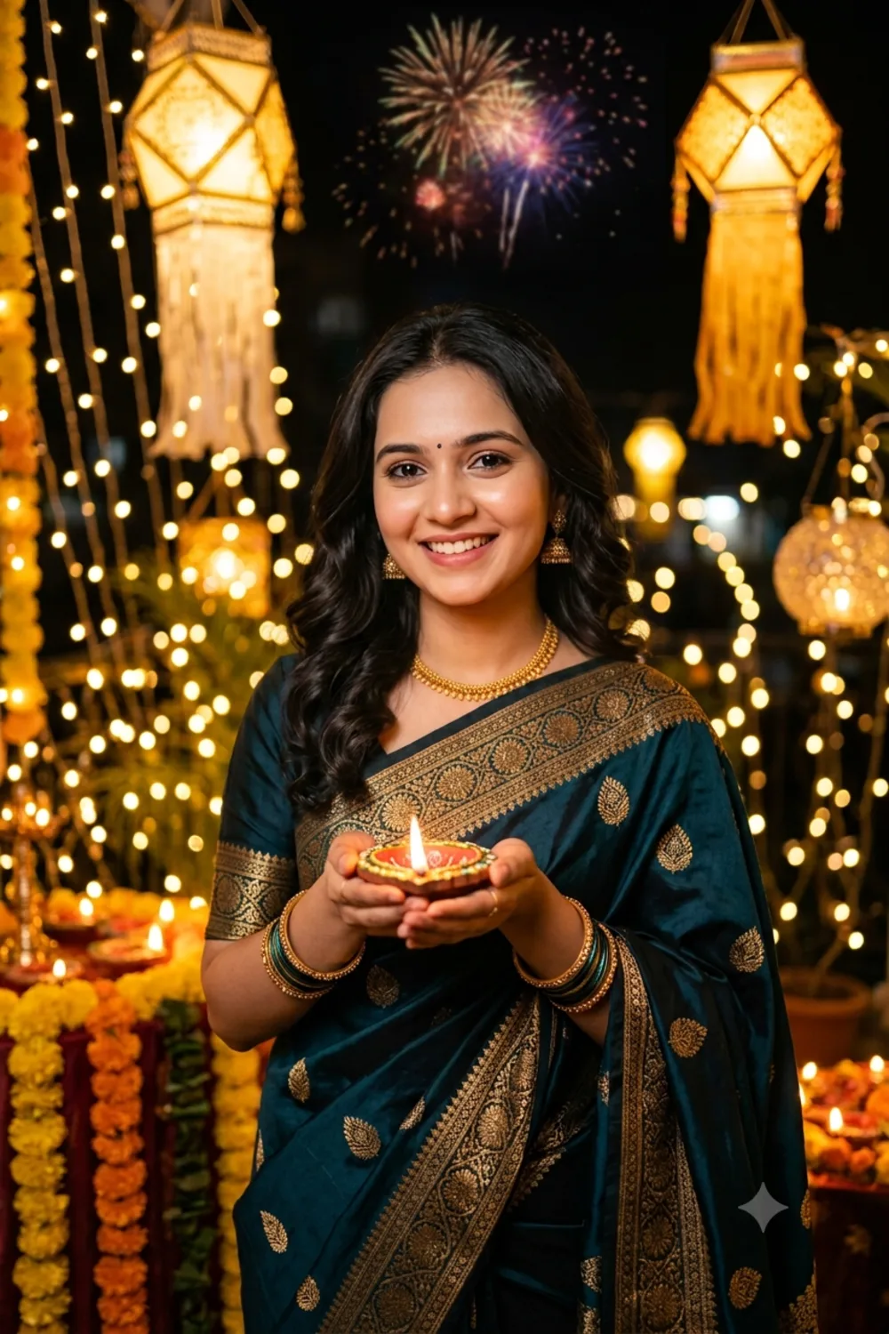 A warm Diwali festival portrait of a person surrounded by glowing diya lamps