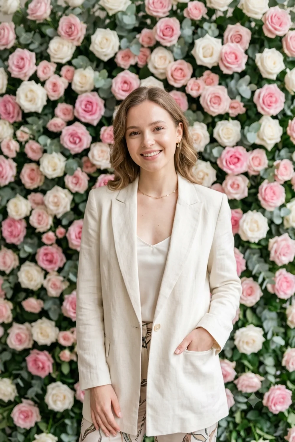 A chic portrait of a person posing against a lush wall of fresh roses and greenery