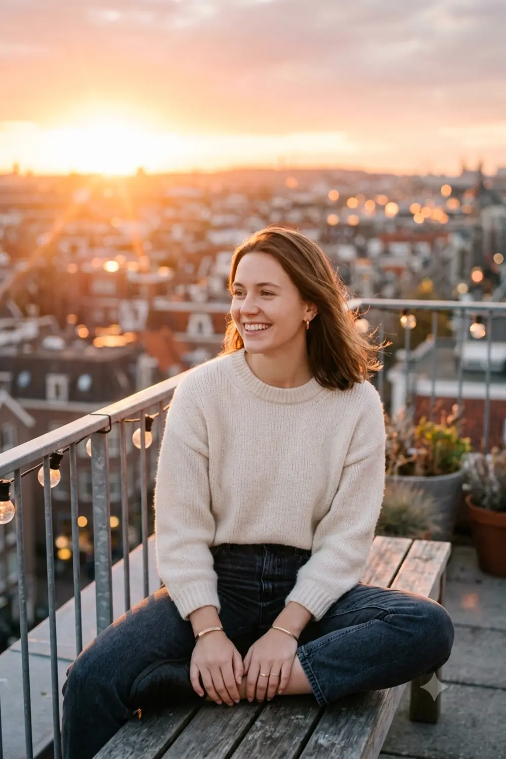 A warm golden-hour rooftop lifestyle portrait of a person at sunset