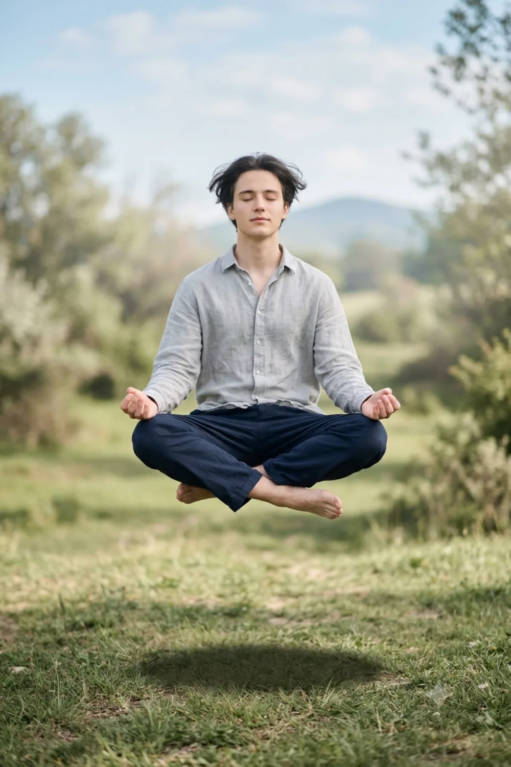 A surreal portrait of a person floating weightlessly in mid-air in a dreamy setting