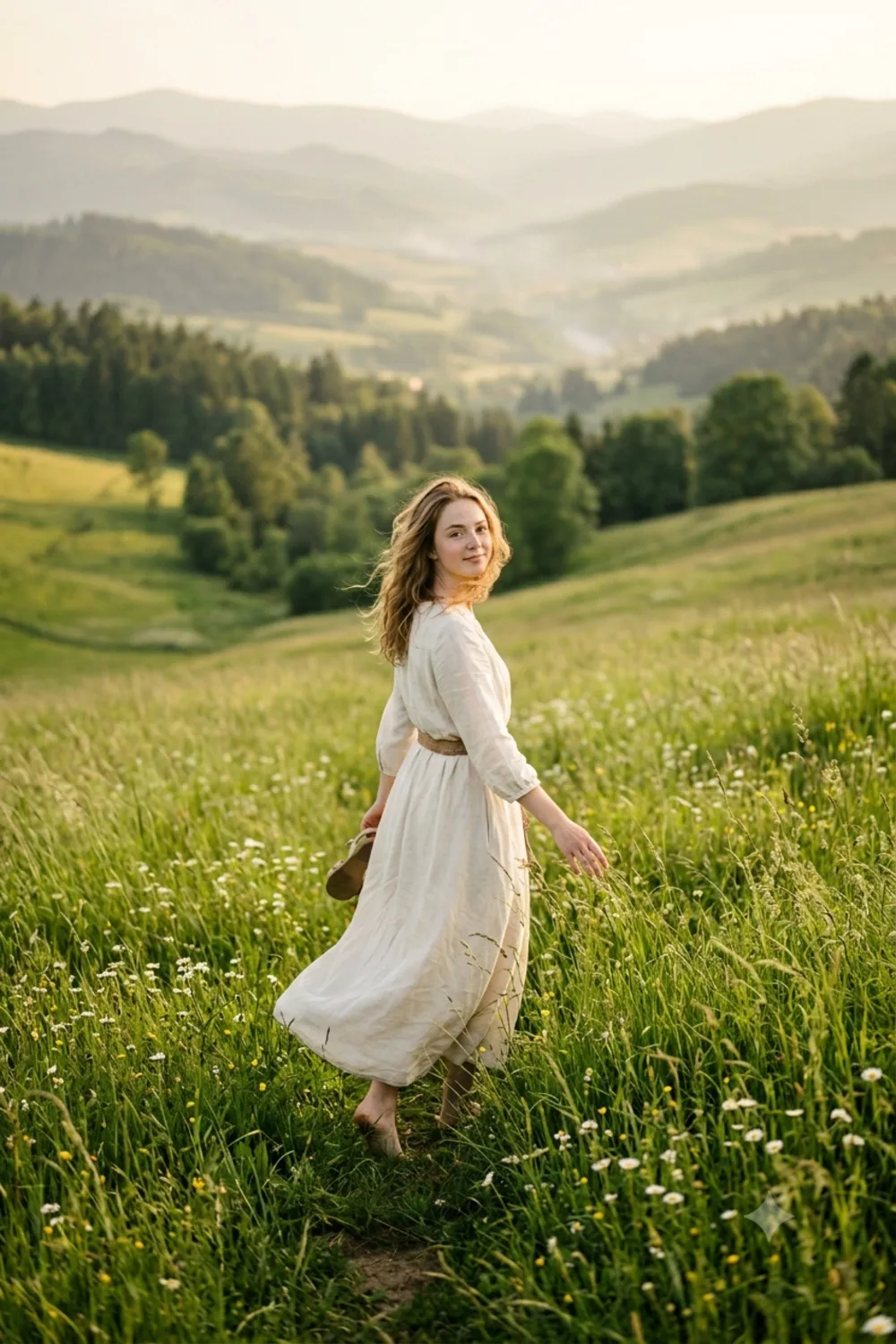 A cinematic outdoor portrait of a person walking through a green meadow toward a misty valley
