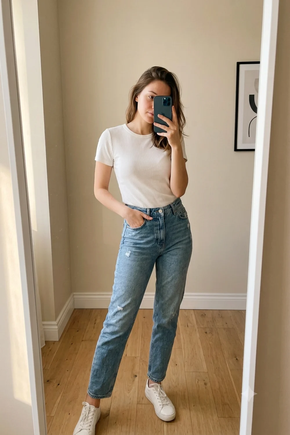 A casual aesthetic mirror selfie of a person holding a phone over their face in a minimalist room