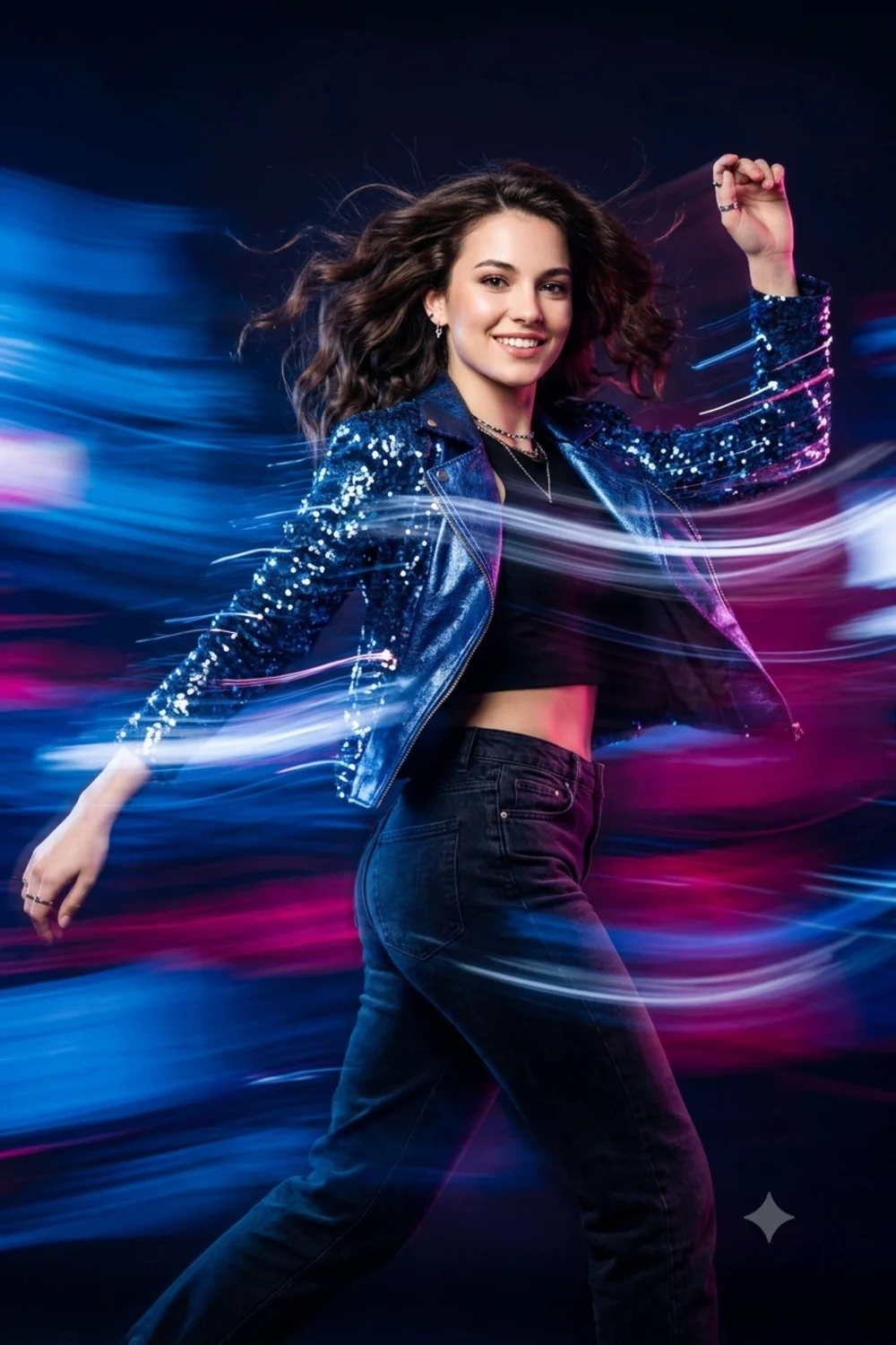 A dynamic motion-blur portrait of a person caught mid-movement with speed streaks