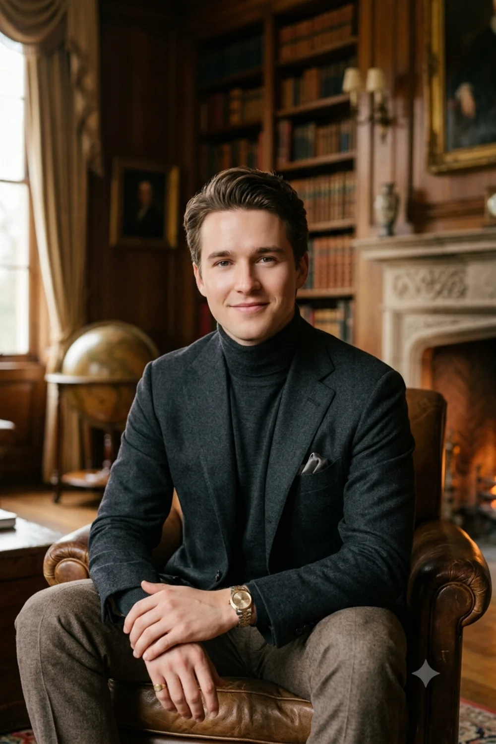 A refined old-money luxury portrait of a person in a classic mansion interior