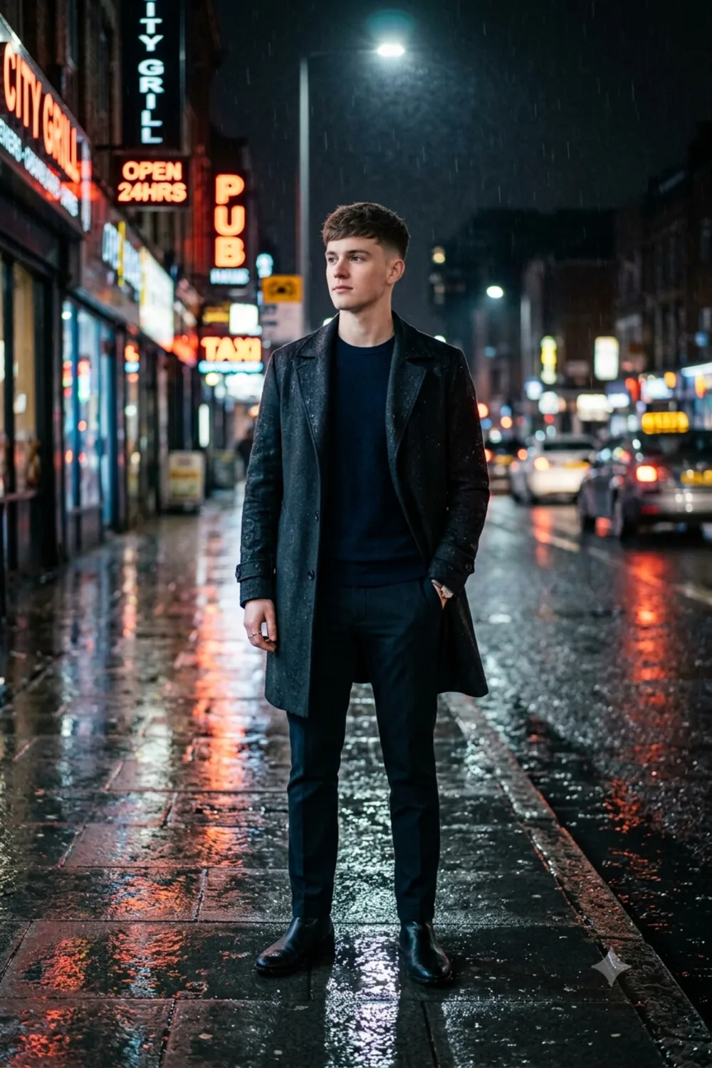 A cinematic full-length rainy-night portrait of a person alone on a city street with neon reflections