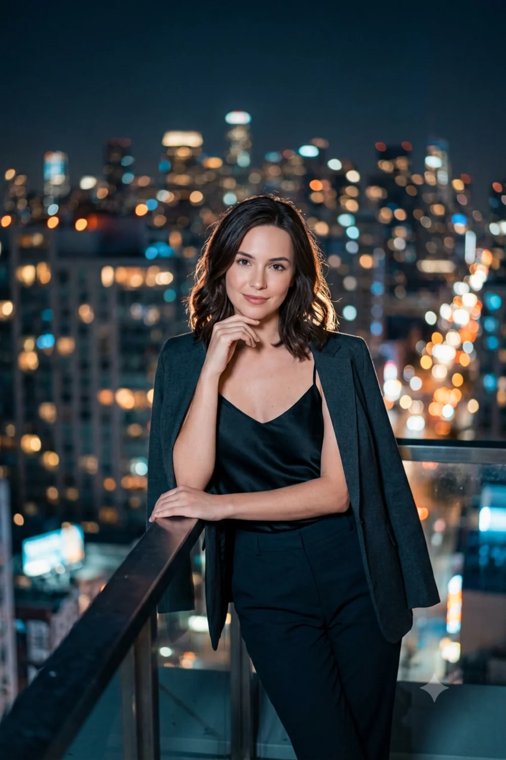 A glamorous rooftop night portrait of a person against a glowing city skyline