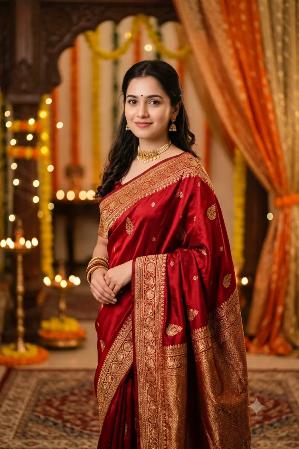 An elegant traditional portrait of a woman in a red silk saree with warm light