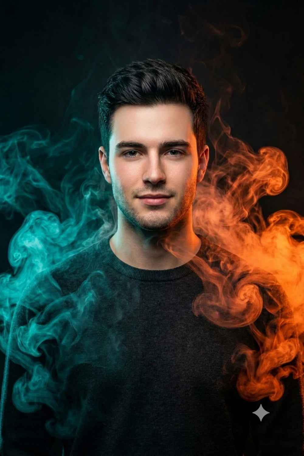 A bold portrait of a person framed by swirling clouds of vivid colored smoke