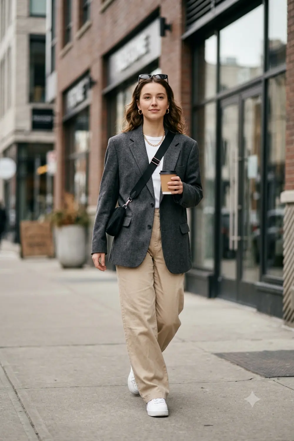 A trendy street-style fashion photo of a person in streetwear walking a city sidewalk