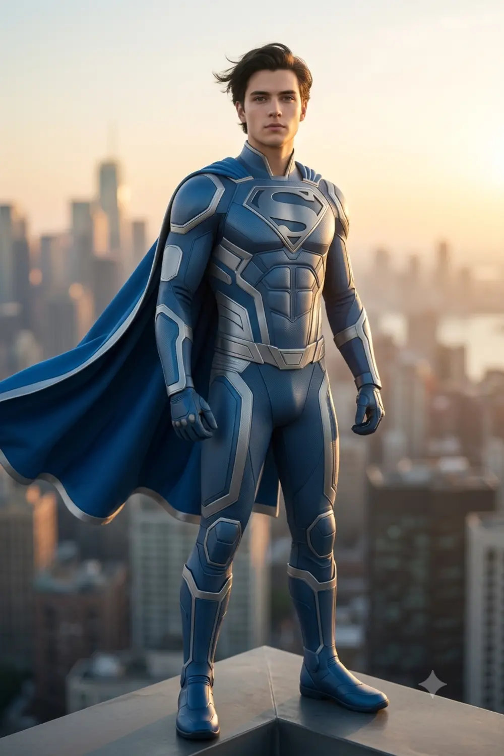 An epic superhero portrait of a person in a modern suit against a city skyline